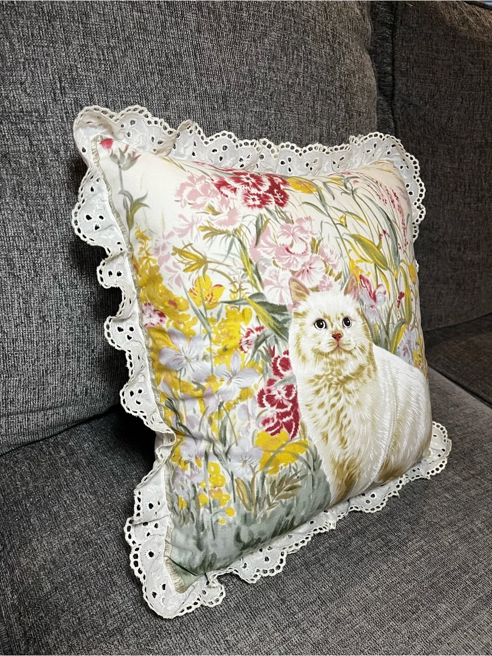 Vintage Floral Cat Pillow Throw Pillow with Eyelet Lace Ruffle Cottagecore Decor